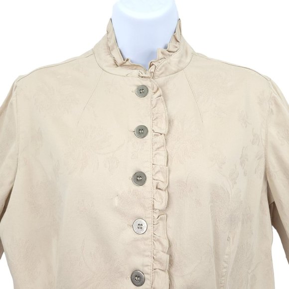 Chicos Ruffled Collar Front Button Jacket Womens Size 0 US 4 Tan - Picture 10 of 12